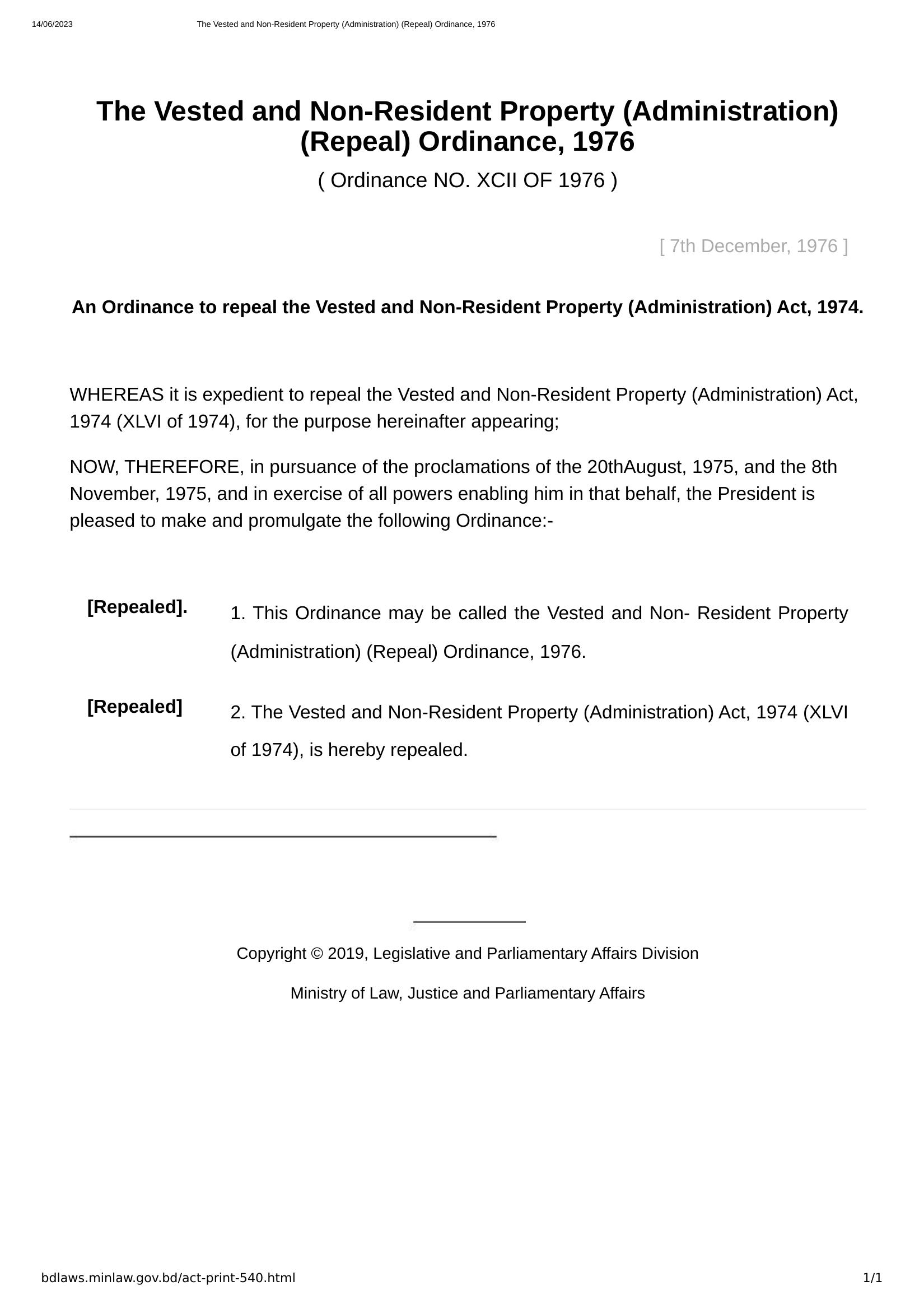 The Vested and Non-Resident Property (Administration) (Repeal) Ordinance, 1976