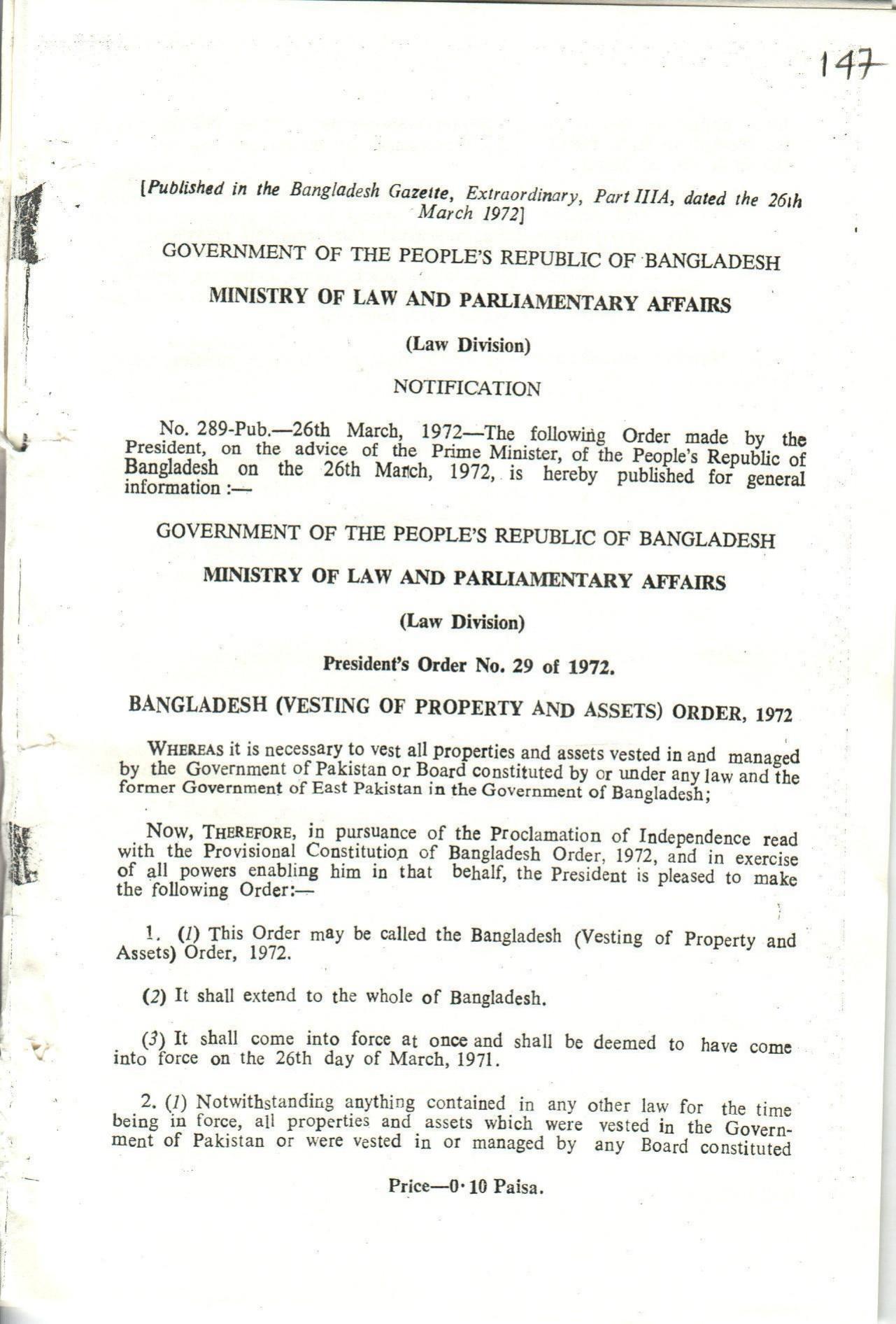 BANGLADESH (VESTING OF PROPERTY AND ASSETS)ORDER,1972