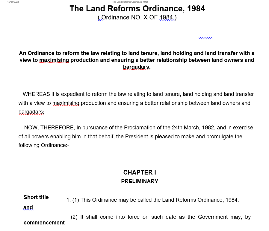 The Land Reforms Ordinance, 1984