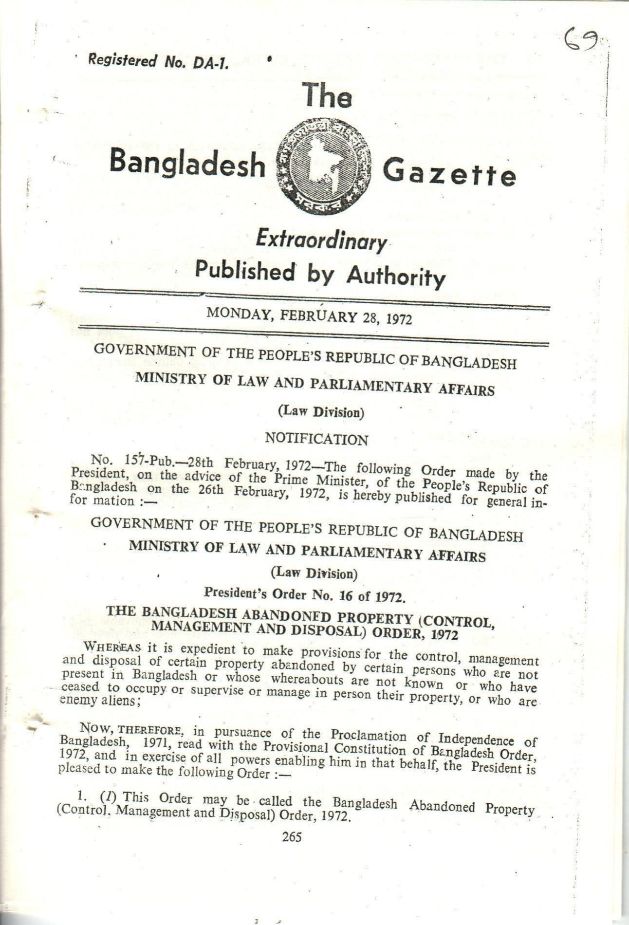 THE BANGLADESH ABANDONED PROPERTY (CONTROL,MANAGEMENT AND DISPOSAL)ORDER,1972