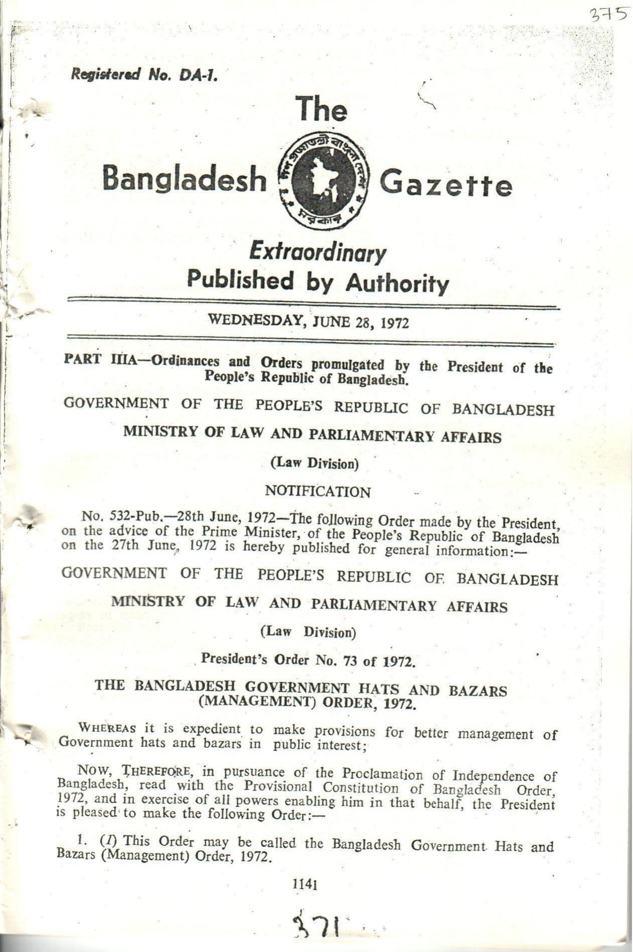 THE BANGLADESH GOVERNMEMT HATS AND BAZARS(MANAGEMENT) ORDER,1972