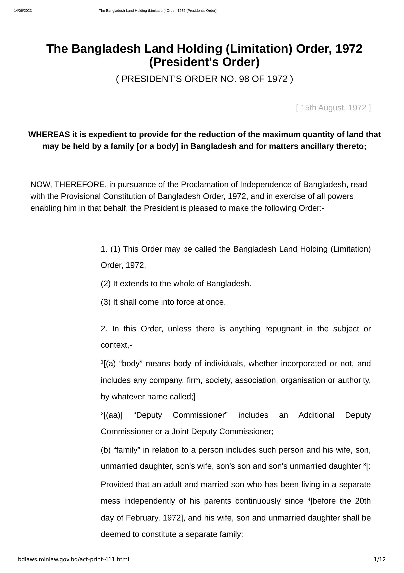 THE BANGLADESH LAND HOLDING (LIMITATION) ORDER, 1972