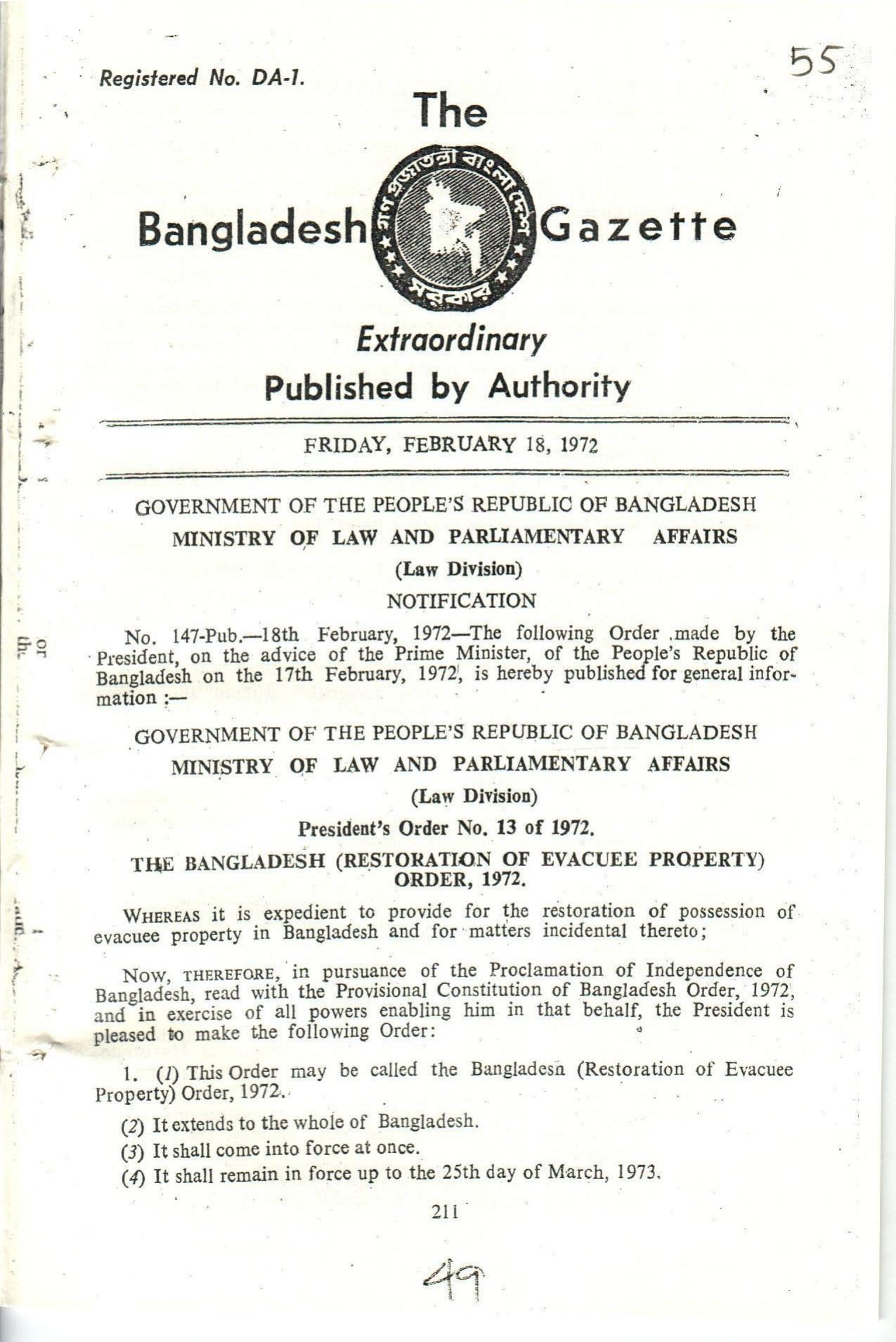 THE BANGLADESH (RESTORATION OF EVACUEE PROPERTY) ORDER,1972