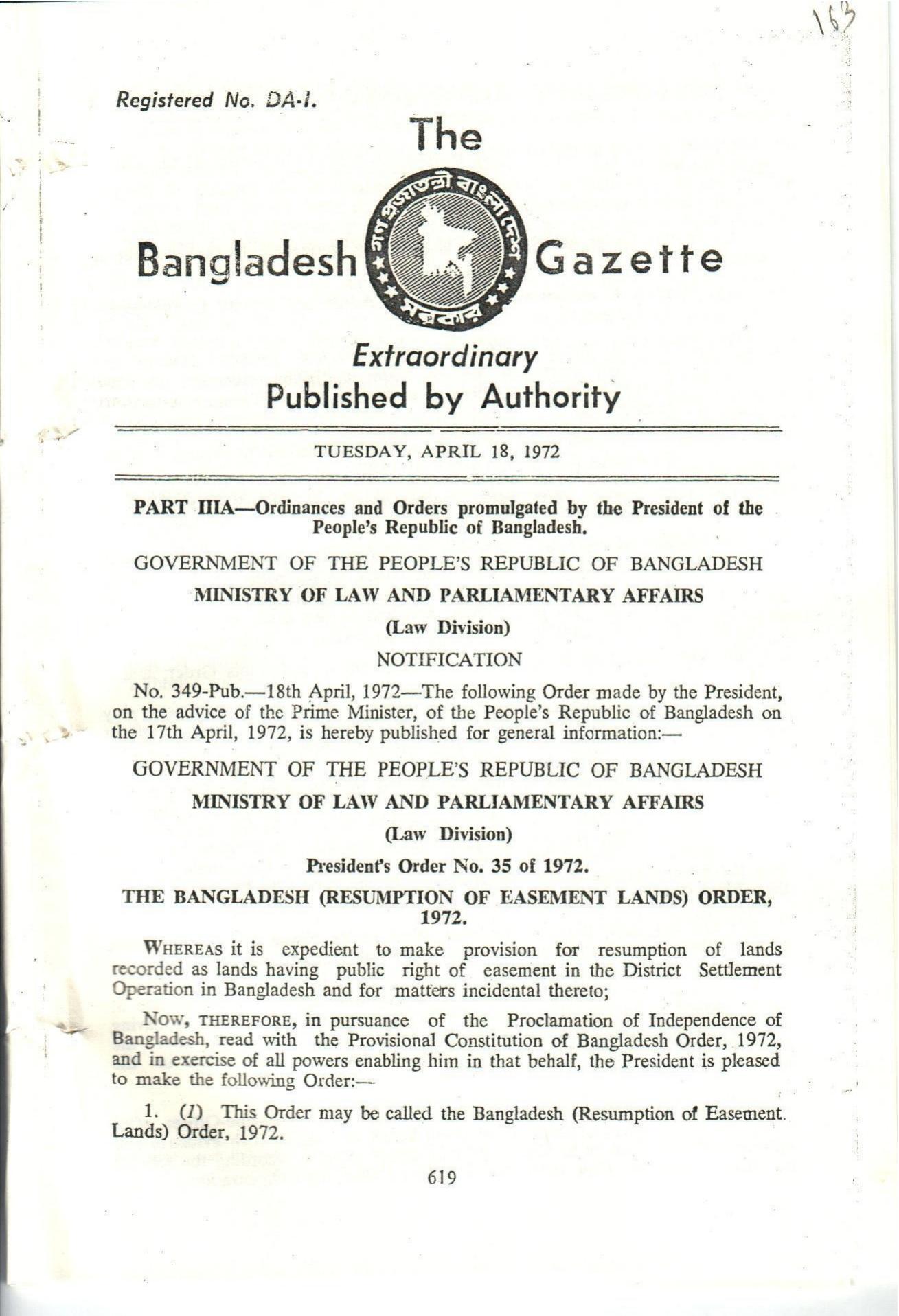 THE BANGLADESH (RESUMPTION OF EASEMENT LANDS) ORDER,1972