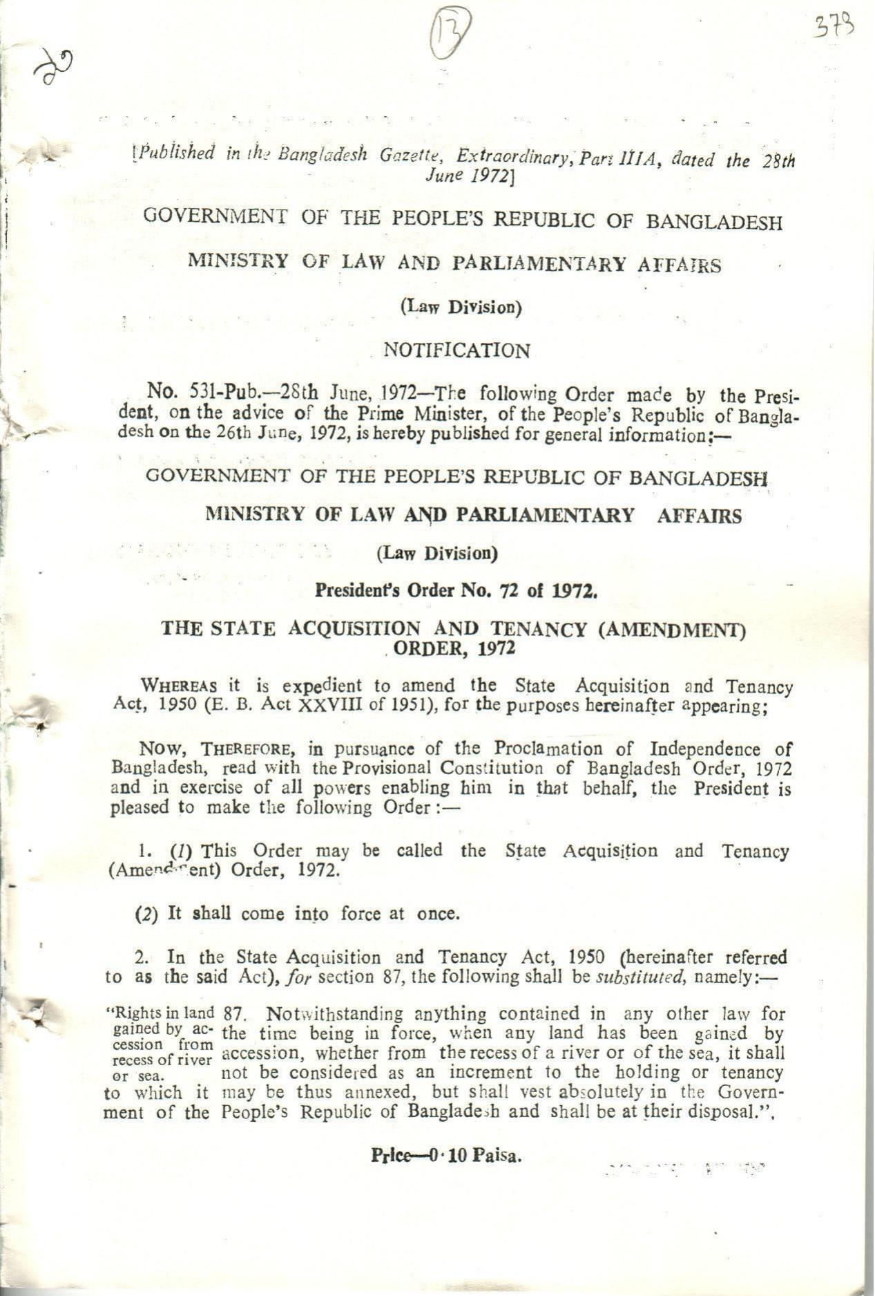 THE STATE ACQUISITION AND TENANCY (AMENDMENT)ORDER,1972