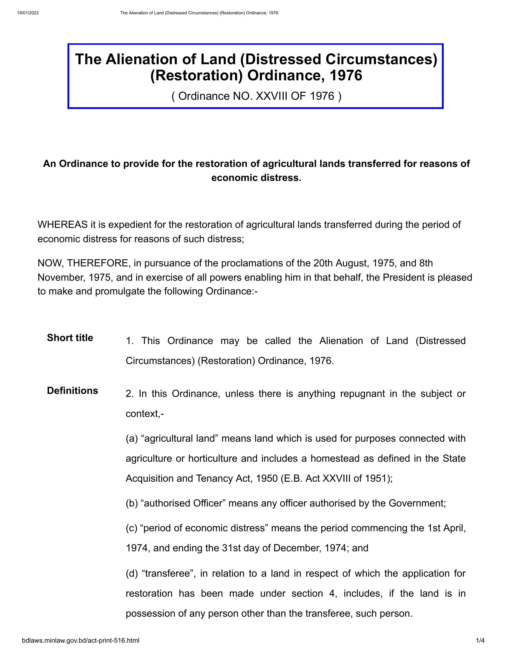 the Alienation of Land (Distressed Circumstances) (Restoration) Ordinance, 1976