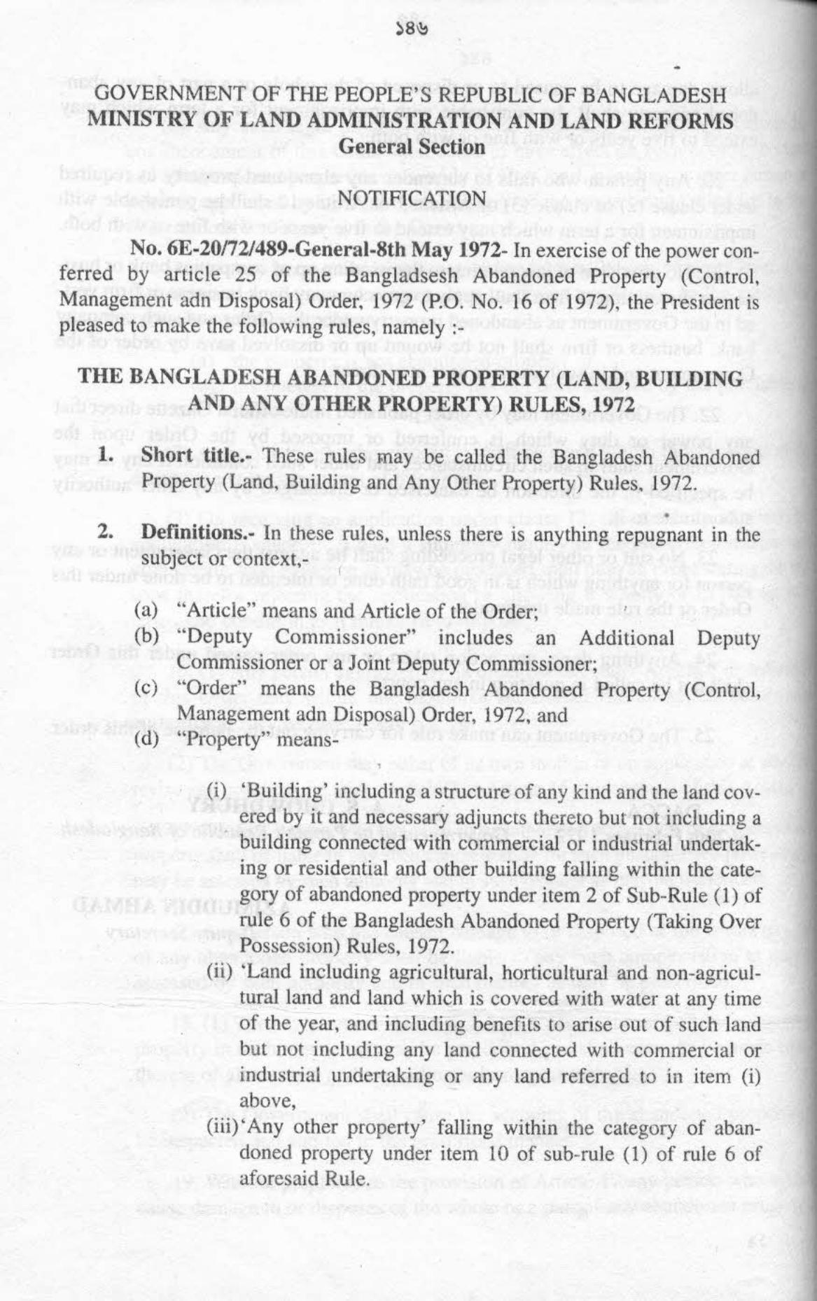 THE BANGLADESH ABANDONED PROPERTY (LAND, BUILDING AND ANY OTHER PROPERTY) RULES, 1972