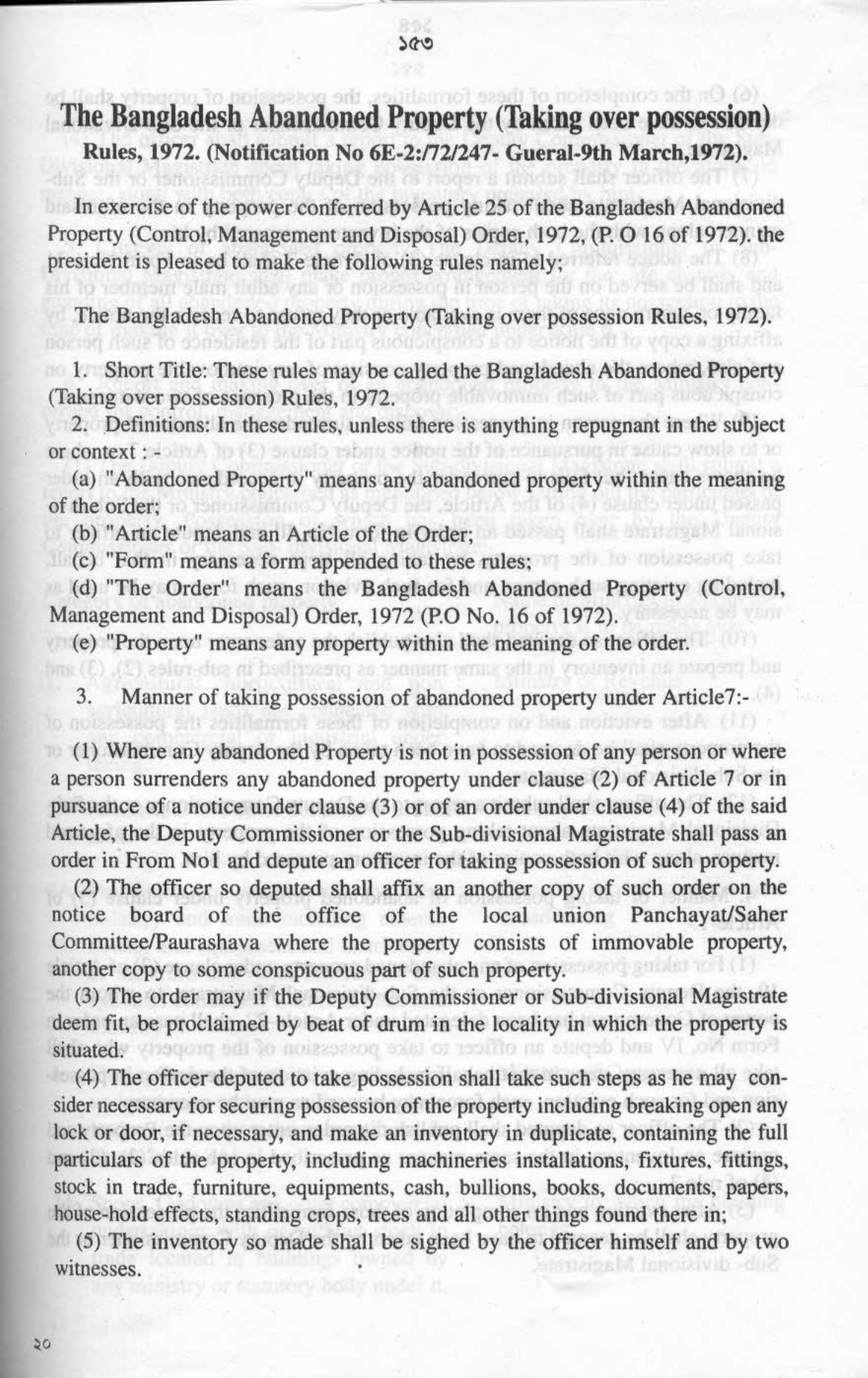the Bangladesh Abandoned Property (Taking over possession) Rules, 1972.