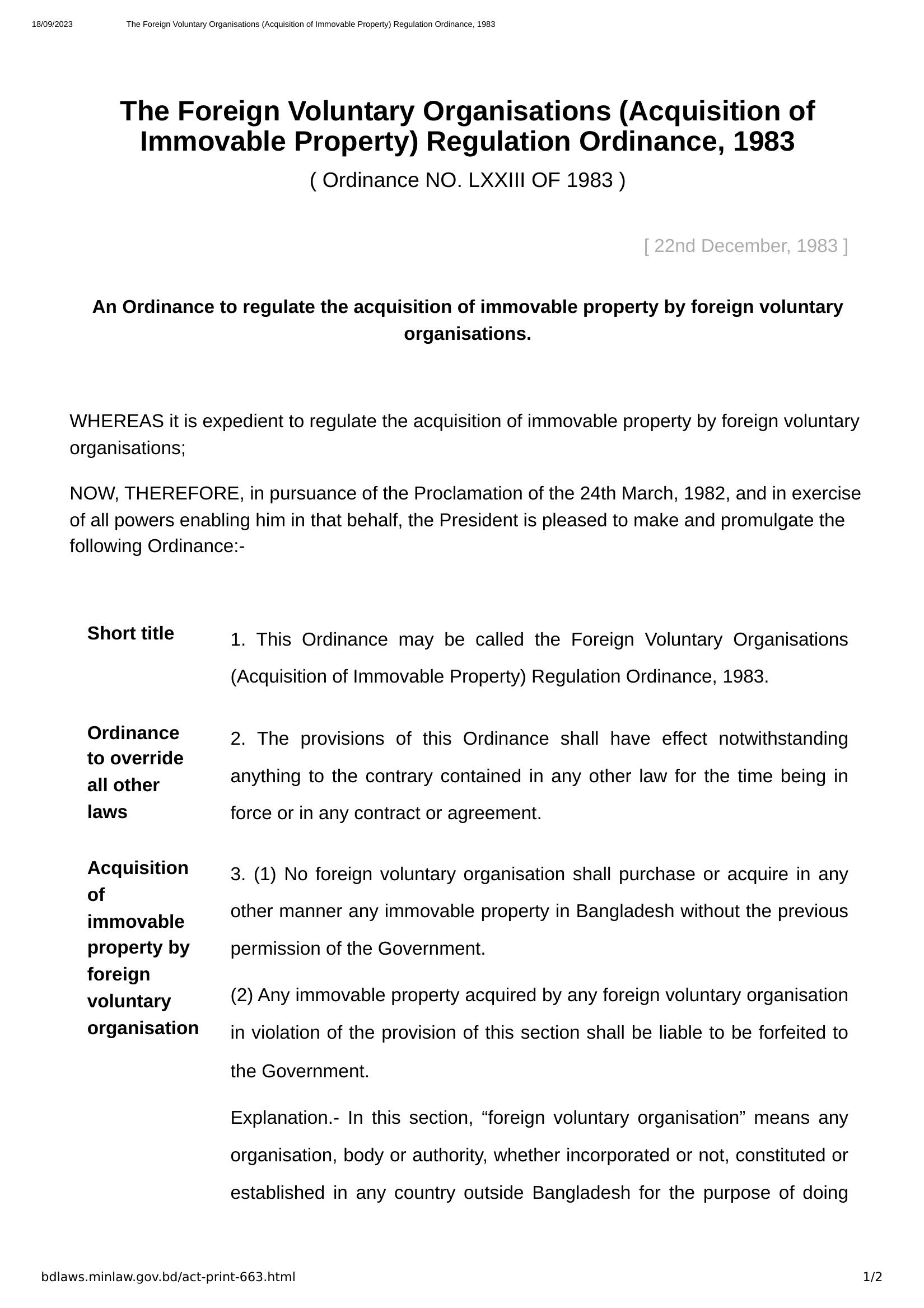 Foreign Voluntary Organizations  (Acquisition of Immovable Property) Regulation Ordinance, 1983.