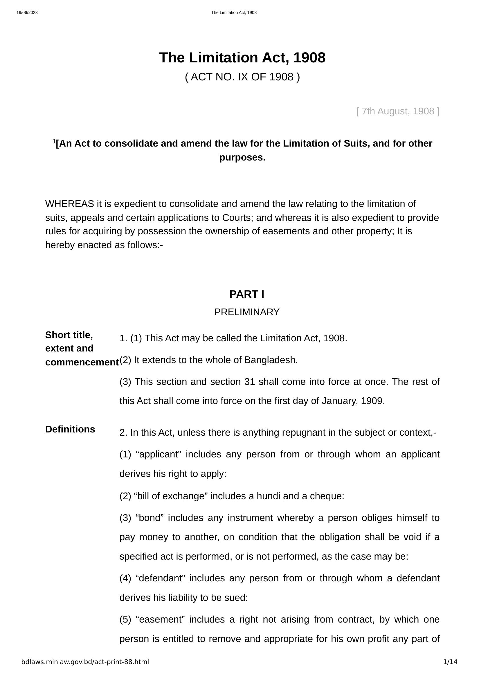The Limitation Act, 1908