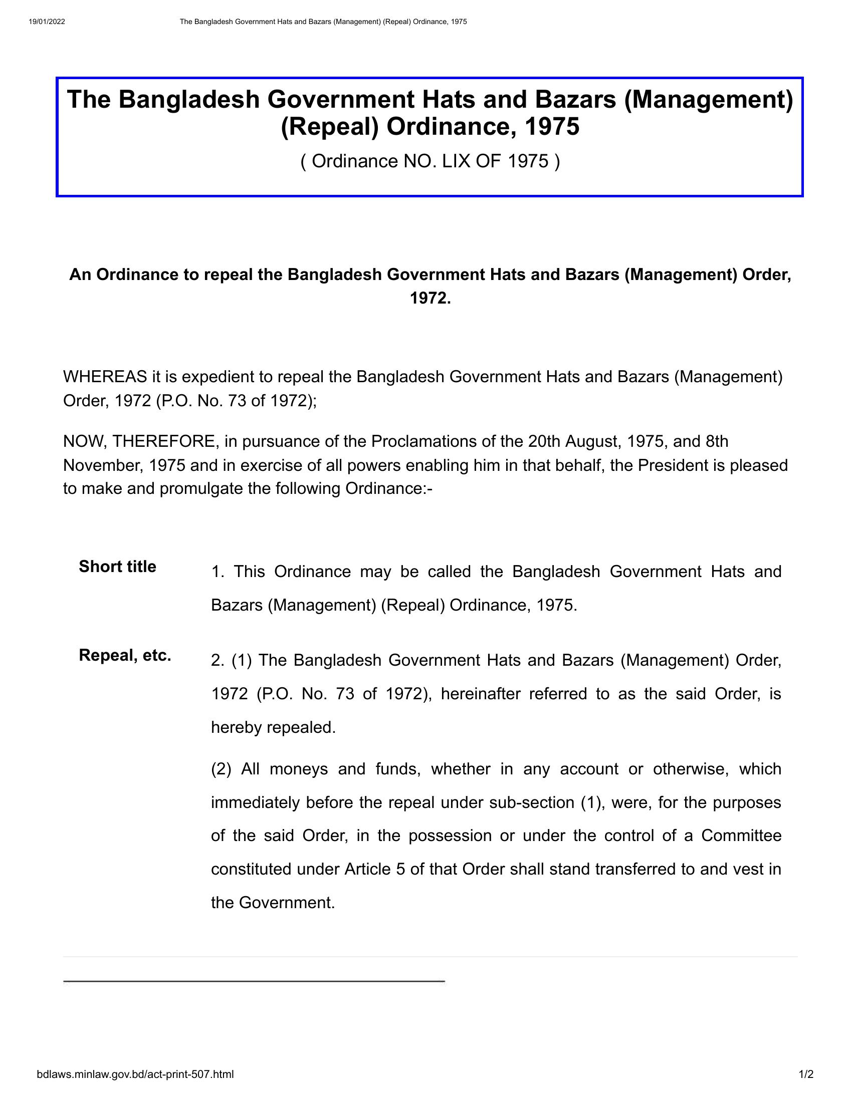 Bangladesh Government Hats and Bazars (Management) (Repeal) Ordinance, 1975.